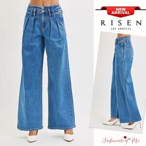 RISEN Mid Rise 2 Button Pleated Detail Stretch Medium Wash Wide Leg Denim Jeans